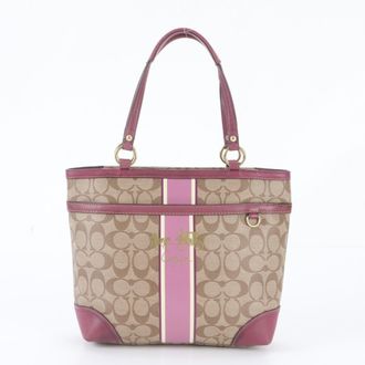 Coach Beige Purple Leather Coated Canvas Handbag Shoulder Bag Tote Bag (Pre-Owned)