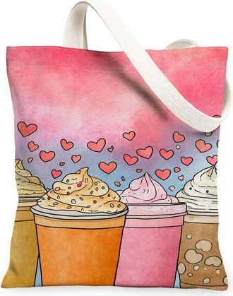Generic Coffee Cup Canvas Tote Bags, Colorful Drink Pattern Reusable Grocery Bags, Fun Art Lightweight Washable Shoulder Strap Canv, Peach, 13x15 Inch