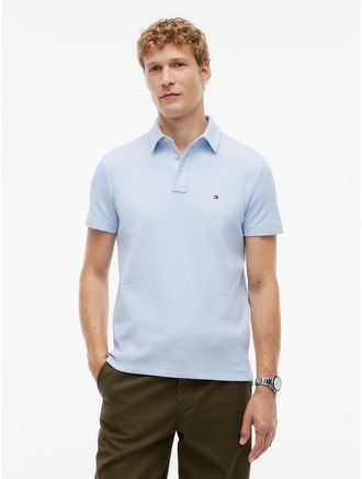 Tommy Hilfiger Mens Regular Fit Short-Sleeve Waffled Polo - Sky Blue - XL