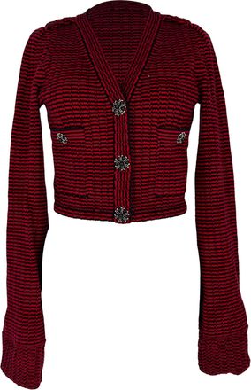 Self Portrait Striped Cropped Cardigan in Red Cotton