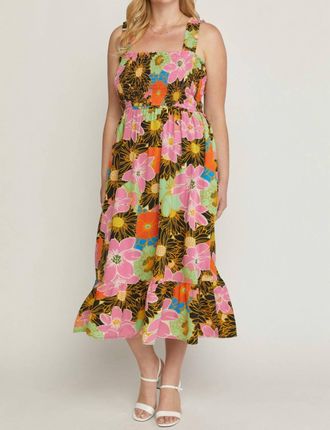 Entro Floral Smocked Midi Dress In Pink And Brown Floral