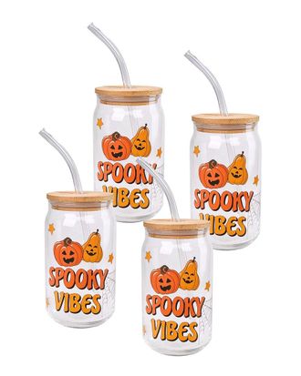 10 Strawberry Street Set Of 4 Spooky Vibes Glass Tumblers With Straws & Lids