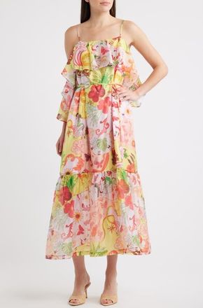 Ciebon Ellera Floral Print Midi Dress in Tangerine Multi at Nordstrom, Size X-Small