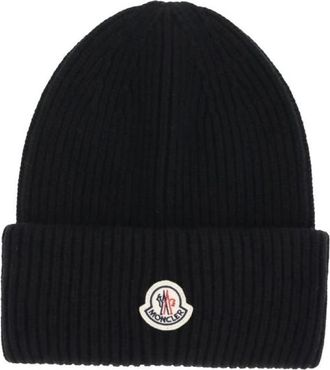 Moncler Logo Beanie Muts Wol Kasjmier Mix - Heren - Hoeden - Zwart - ONE Size - Wol - Accessoires