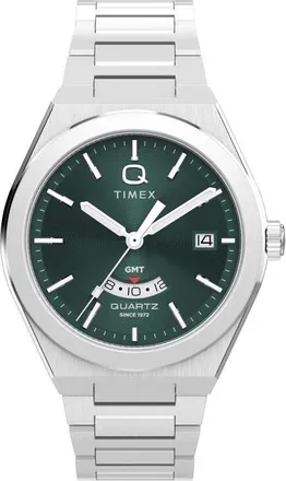 Timex Q Timex Continental GMT 39mm Stainless Steel Bracelet Watch in Green/Stainless Steel at Nordstrom