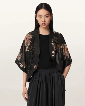 AllSaints Polyester Alice Relaxed Fit Silk Blend Floral Shrug, Size: One Size