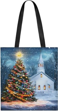 Generic Christmas Tree with Church Womens Tote Casual Shopping Bag Lightweight Shoulder Bags Hobos Handbag for Work Travel Daily 35x40cm
