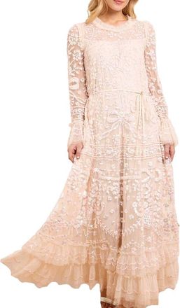 Needle & Thread Celia Long Sleeve Ankle Gown in Cream/dusk Pink at Nordstrom, Size 16