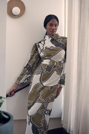 Karen Millen Womens Chain Print Woven Balloon Sleeve Maxi Dress - Green - Size 16 UK