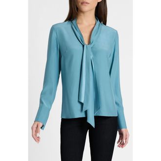 Santorelli Amanda Silk Long Sleeve Tie Neck Blouse in Steel Teal at Nordstrom, Size 10