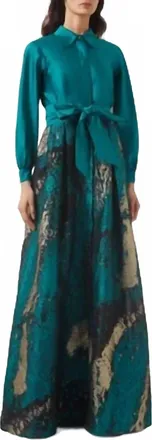 Teri Jon Jacquard Belted Shirt Gown In Emerald Multi