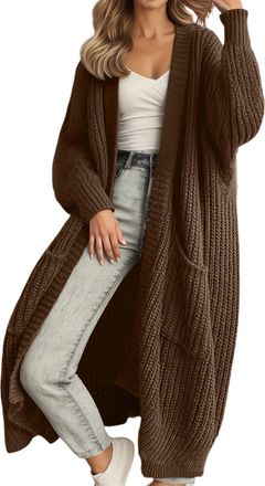 Generic Cozy Cardigans, Chunky Knit Cardigan Casual Open Front Jumpers Long Sleeve Jackets Longline Solid Color Cable Knit Sweater Hoodless Plus Size Coats wi