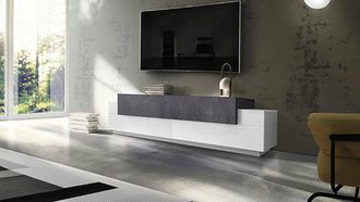 Dmora Dmora - Mueble De Televisi&oacute;n Dmirand, Aparador Bajo Para Sal&oacute;n, Base Soporte Tv, 100% Made In Italy, Cm 200x45h52, Blanco Brillo Y Pizarra