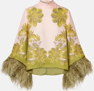 La DoubleJ Make An Exit feather-trimmed silk twill top