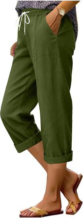 Generic Linen Capri Pants Baggy Pants Wide Leg Trousers Summer Casual Elastic Waist Trousers Lightweight Trouser with Pocket Solid Color Loose Fit Cropped Pan
