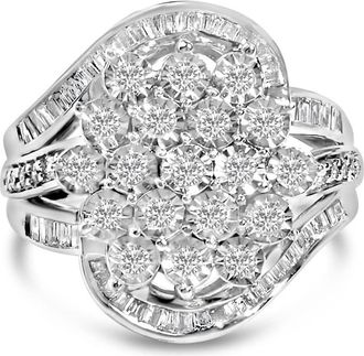 House of Brilliance Sterling Silver 1.0 Cttw Diamond Swirl Cluster Cocktail Ring