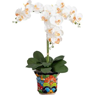 Nearly Natural 27-in Artificial Triple Orchid Arrangement in Handmade Mexican Talavera Ceramic Planter in Green at Nordstrom