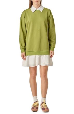 English Factory Long Sleeve Mixed Media Sweatshirt Minidress in Olive/White at Nordstrom, Size X-Small