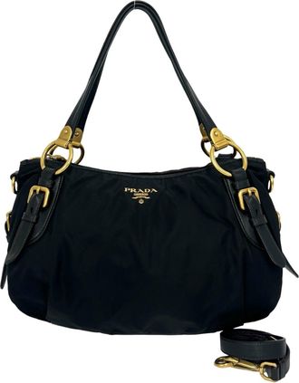 Prada Black Nylon Leather Handbag Shoulder Bag Tote Bag (Pre-Owned)