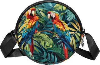Generic Circle Crossbody Bag for Women, Tropical Plants Parrot Small Sling Bag Daypack with Zipper Adjustable Shoulder Straps Casual Ladies Girls Round Purse