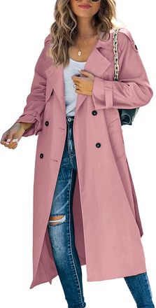 Generic Womens Double Breasted Long Trench Coat Windproof Classic Lapel Slim Overcoat with Belt (01 Pink,L)