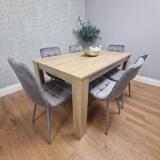 Kosy Koala Oak Effect Dining Table Set With 6 Grey Velvet Chairs Dining Room Furniture in Brown