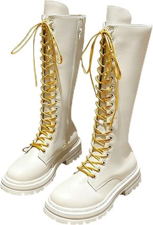 Generic Womens Knee-High Boots, Ladies Chunky Block Heel Lace Up Boots with Side Zipper, Platform Durable Non-Slip Rubber Riding Shoes Round Toe Work Combat B