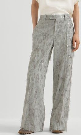 Brunello Cucinelli Virgin wool and cashmere twill flannel loose flared trousers with dazzling lynx embroidery in Grey at Nordstrom, Size 46