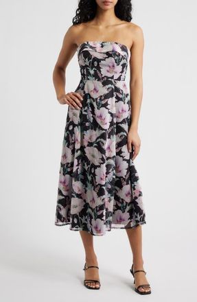Lulus Elena Floral Strapless Cocktail Midi Dress in Black Floral at Nordstrom, Size X-Small