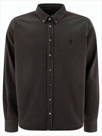 Ami Long Sleeve Black Cotton Button-Down Shirt With Embroidered Logo