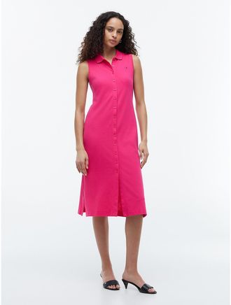 Tommy Hilfiger Womens Sleeveless Pique Midi Polo Dress - Pink - XXL