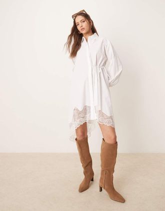 Asos shirt dress with side tie and lace asymmetric hem in white