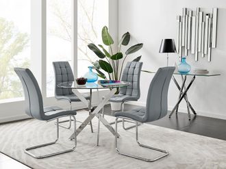 Furniturebox Novara Chrome Metal 100cm Round Glass Dining Table & 4 Murano Dining Chairs in Grey
