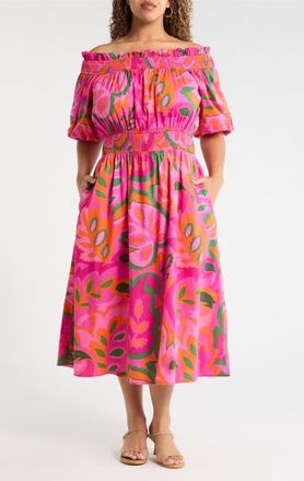 Sugarlips Magna Town Off the Shoulder Cotton Midi Dress in Pink-Multi at Nordstrom, Size 2 X