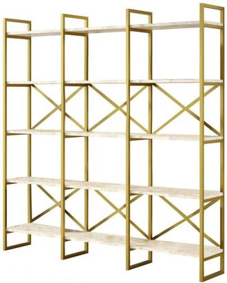 Dmora Dmora - Estante Para Libros Dpezzott, Estante De Oficina, Porta Libros M&oacute;vil, Biblioteca, 170x30h175 Cm, Blanco Y Oro