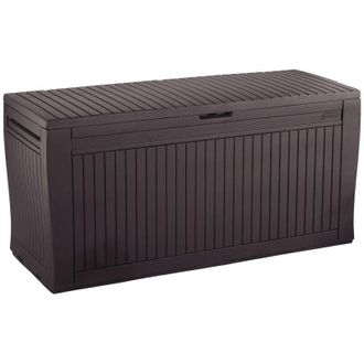 Dmora Baúl de almacenamiento exterior Cotronei, Cofre de jardín, Banco con almacenaje, Arcón para exteriores, 117x45 h57 cm, Marrón - Dmora