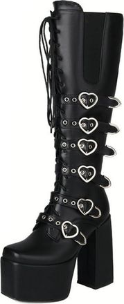 Generic Womens Gothic Knee High Platform Boots Patent Leather Chunky Block Heel Lace Up with Heart Buckles Dark Punk Aesthetic for Fashion Photoshoot Festival