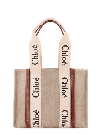 Chlo&eacute; Woody Linen Shoulder Bag With Logo Lettering On The Front-Donna
