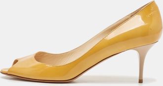Jimmy Choo London Yellow Patent Leather Evelyn Peep Toe Pumps
