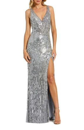 Mac Duggal Beaded Floral High Slit Sleeveless Gown in Silver at Nordstrom, Size 12