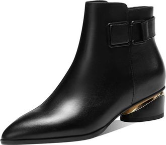 TinaCus Womens Pointed Toe Genuine Leather Handmade Buckle Low Chunky Heels Side Zip Up Stylish Ankle Boots, Black, 5 UK