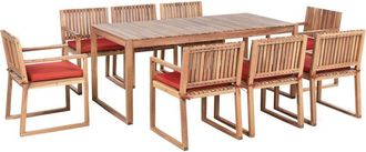 Beliani Conjunto De Jard&iacute;n 8 Plazas R&uacute;stico De Madera De Acacia Certificada Mesa Y Sillas Con Cojines Rojos Marr&oacute;n Claro Sassari Ii