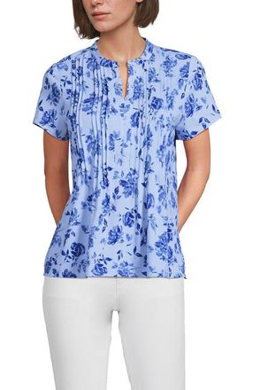 Lands End Short Sleeve Lightweight Jersey Button Pintuck Top in Misty Blue Graphic Floral at Nordstrom, Size Xx-Small