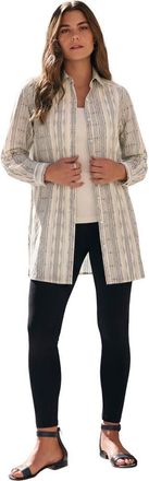 Roaman's Kate Long-Sleeve Crisp Cotton-Blend Button-Front Tunic in White Black Stripe at Nordstrom, Size 22