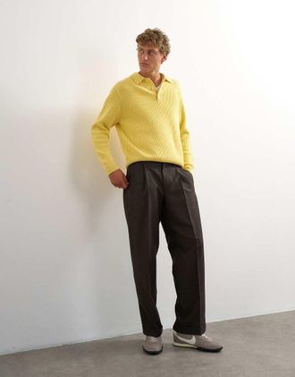 Topman pantaloni a gamba larga a micro quadri marroni con pieghe-Marrone
