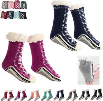 Generic Ultra-Thick Warm Cashmere Slipper Socks for Women,Super Soft Cozy Fuzzy Home Socks,Non Slip Christmas Sock (Navy Blue+Purple, One Size, Adult, Women, 