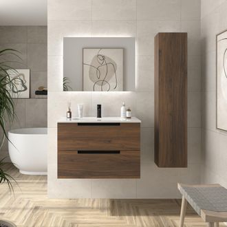 Cygnus Bath Mueble De Ba&ntilde;o Leni 80cm Nogal 2 Cajones Lavabo 1 Poza Porcelana