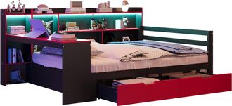 STILVORA Cama Div&aacute;n 140 X 200 Cm De Madera Con 2 Cajones, Estantes, Escritorio, Enchufe Y Led Ajustable, Sin Colch&oacute;n, Negro Y Rojo