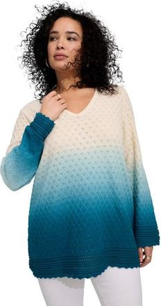 Roaman's Plus Size Cotton Openwork Ombre V Neck Pullover Sweater in Deep Teal Ombre at Nordstrom, Size 16