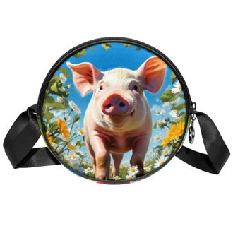 Generic Circle Crossbody Bag for Women, Pig Flower Small Sling Bag Daypack with Zipper Adjustable Shoulder Straps Casual Ladies Girls Round Purse